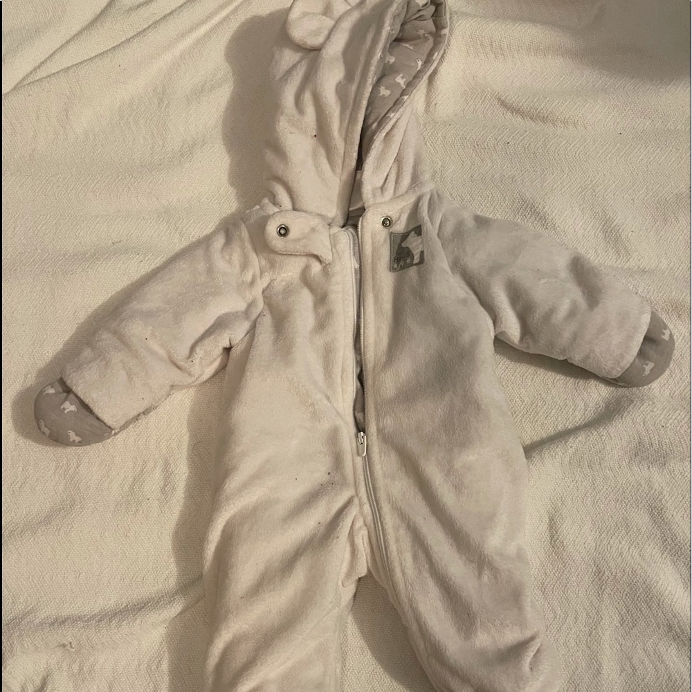 White, bear critter snowsuit, newborn